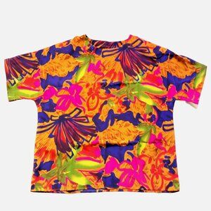 Che Studio Women L Floral Shirt Short Sleeve Navy Vintage